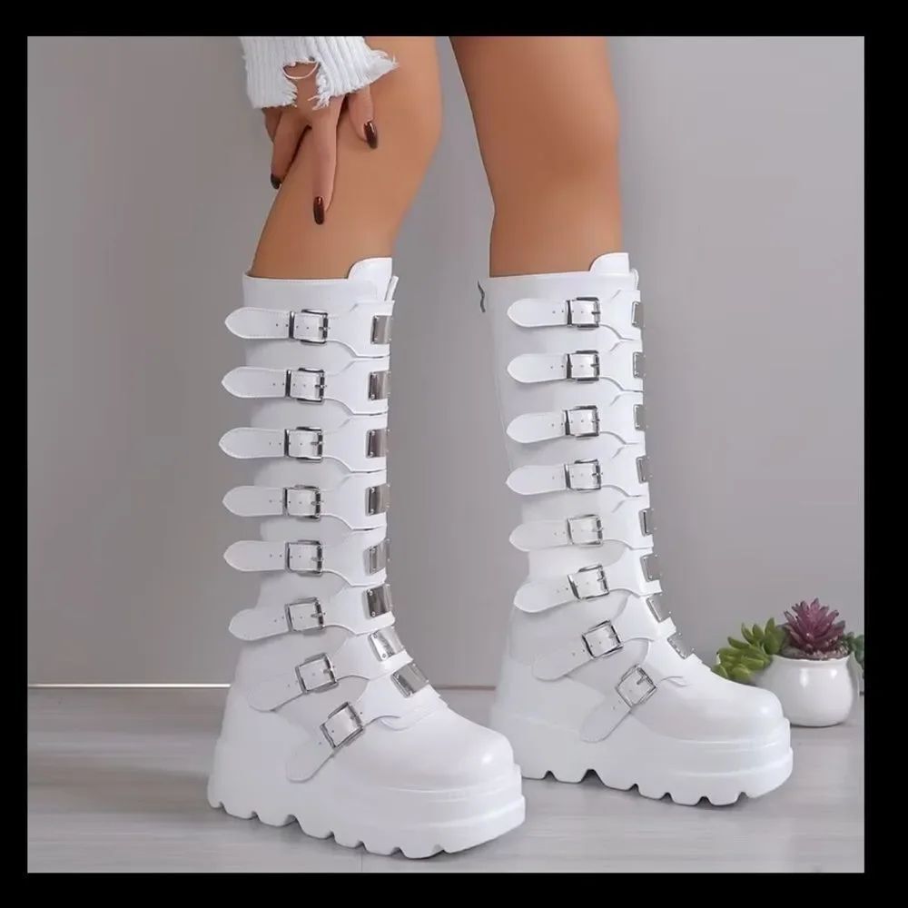 MISSLOOK White Over the Knee Buckle Boots